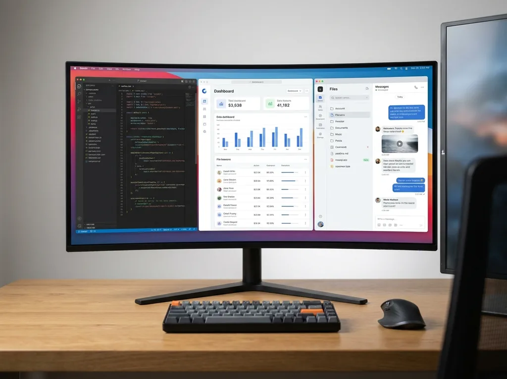Desktop monitor showing a code editor and dashboard