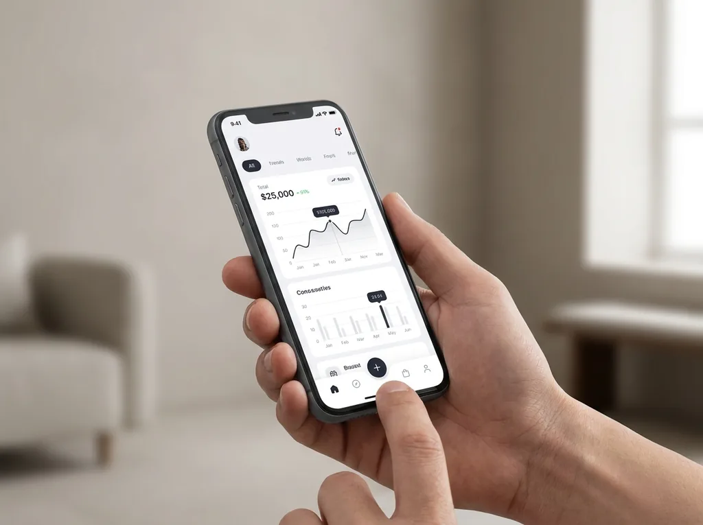 Hand holding a phone showing a finance app