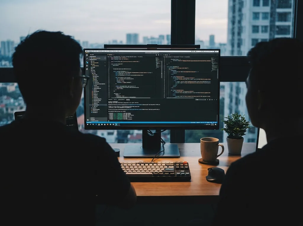 Two engineers reviewing code together